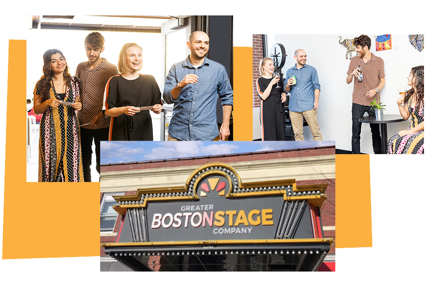 Collage of the GBSC marquee, patrons entering the theatre, and patrons relaxing in concessions.